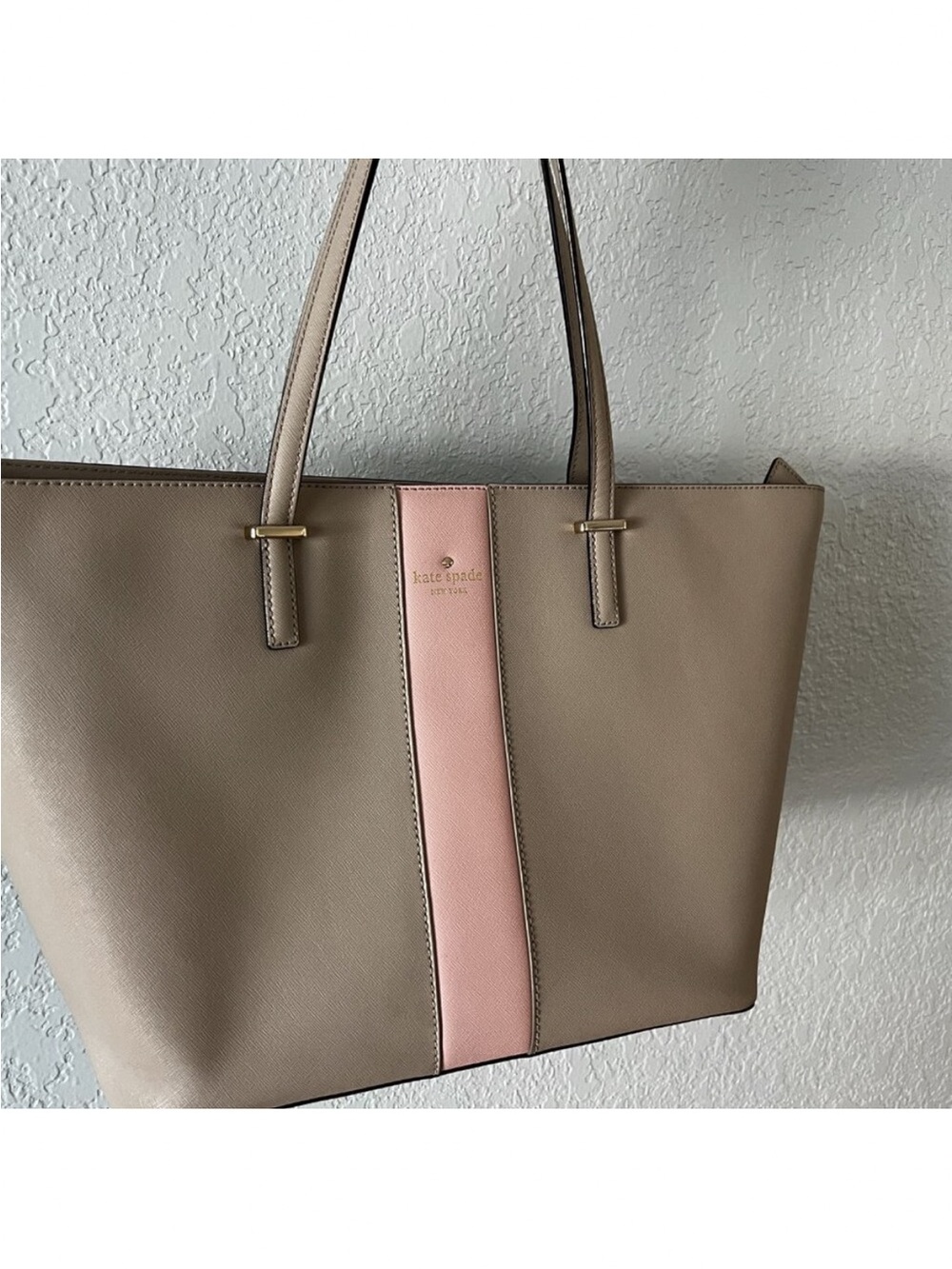 Kate Spade Cedar Street Racing Stripe Medium Harmony Tote Pebble Taupe and Pink